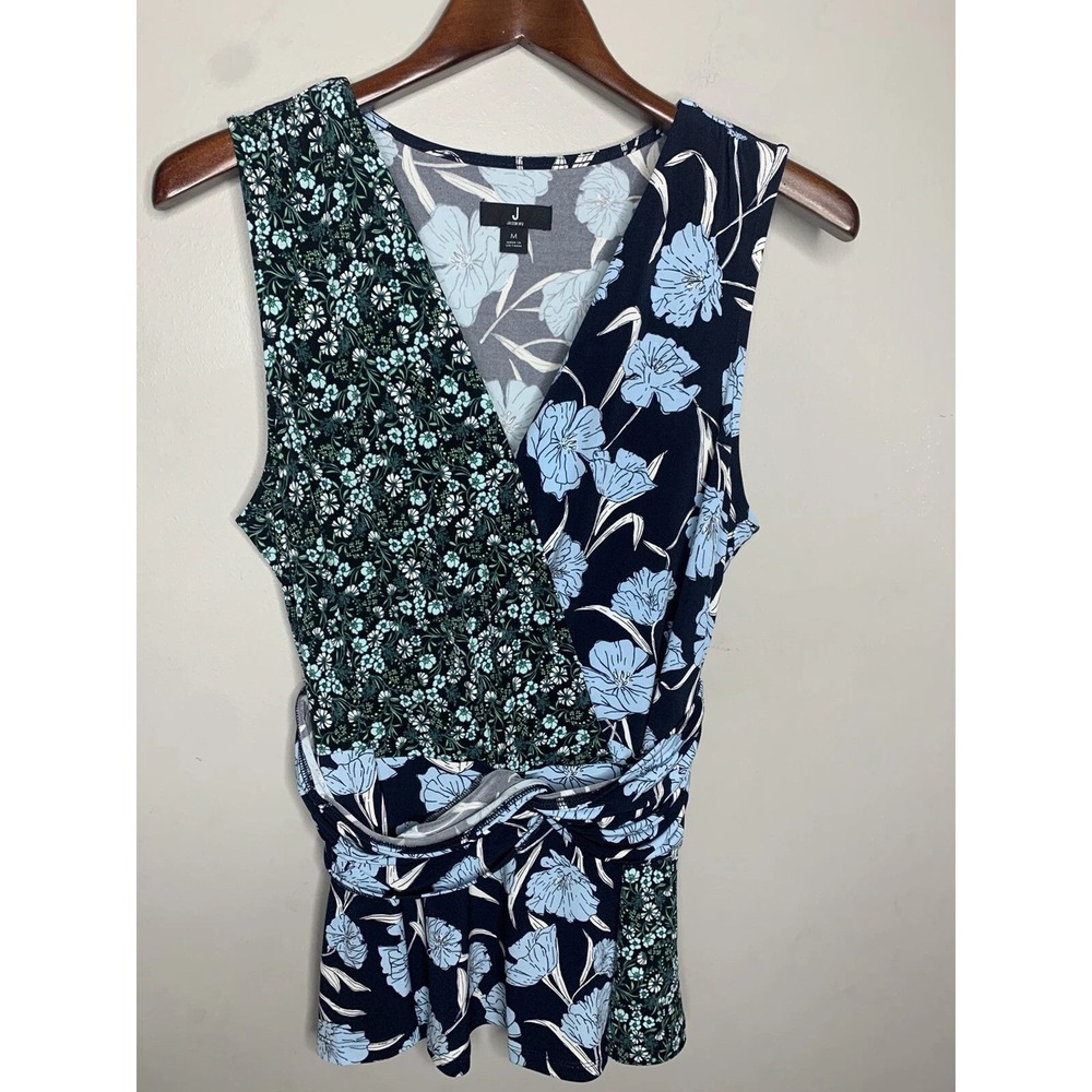 J Jason Wu Blouse Womens M Navy Blue Mixed Floral Faux Wrap V-Neck Office Chic